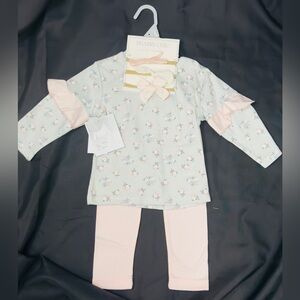 Shabby Chic Toddler Pastel Mint & Pink Legging/Long Sleeve Top/HeadBand Set NWT